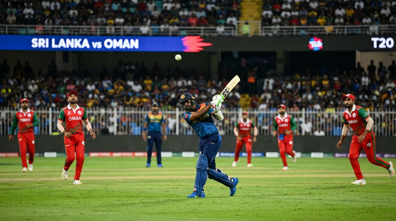 스리랑카 타자가 오만 수비진을 상대로 강력한 샷을 날리는 역동적인 크리켓 경기 장면