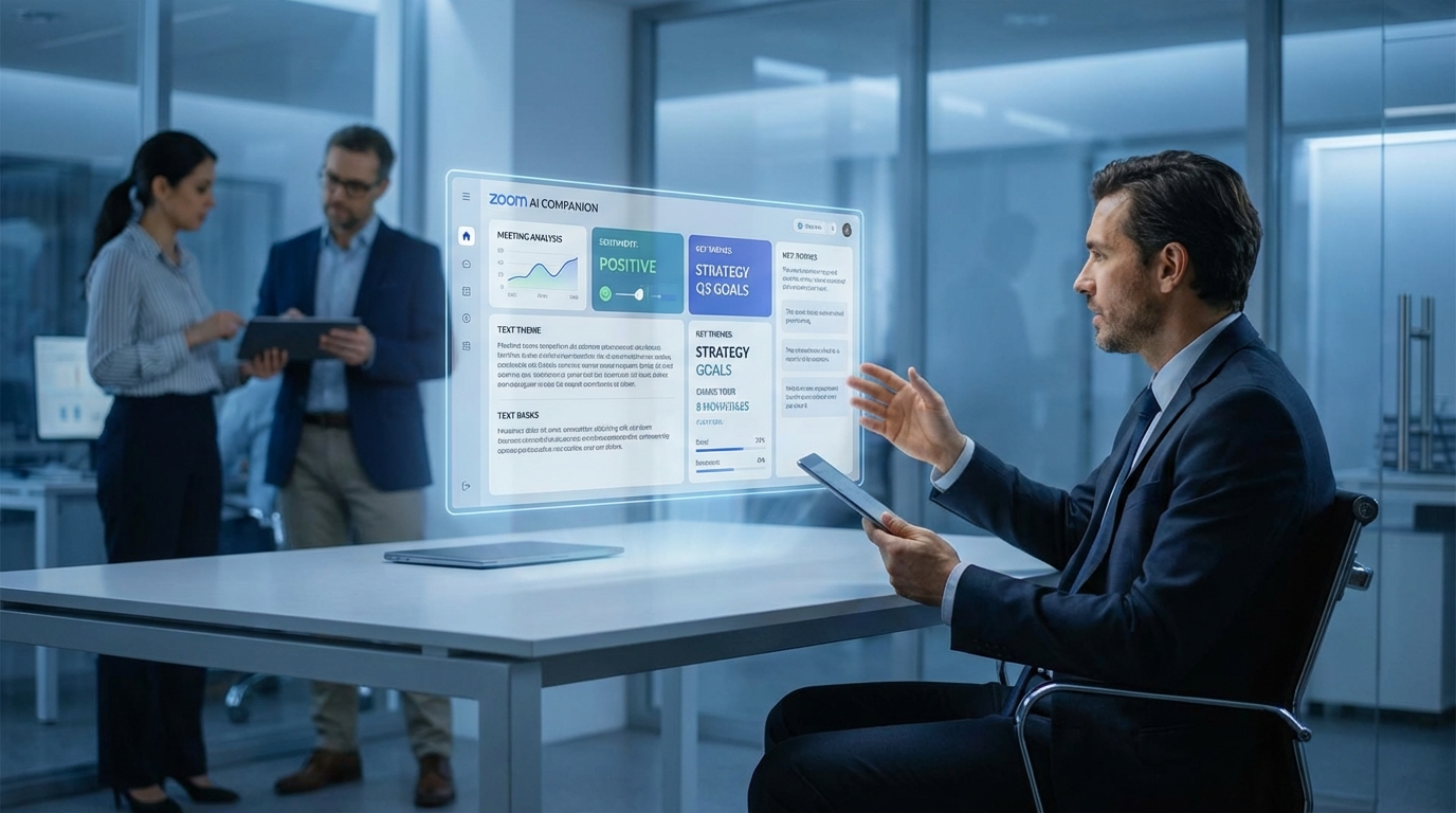 줌 AI 컴패니언이 회의 데이터를 분석하는 홀로그램 인터페이스가 띄워진 미래지향적인 사무실 모습
