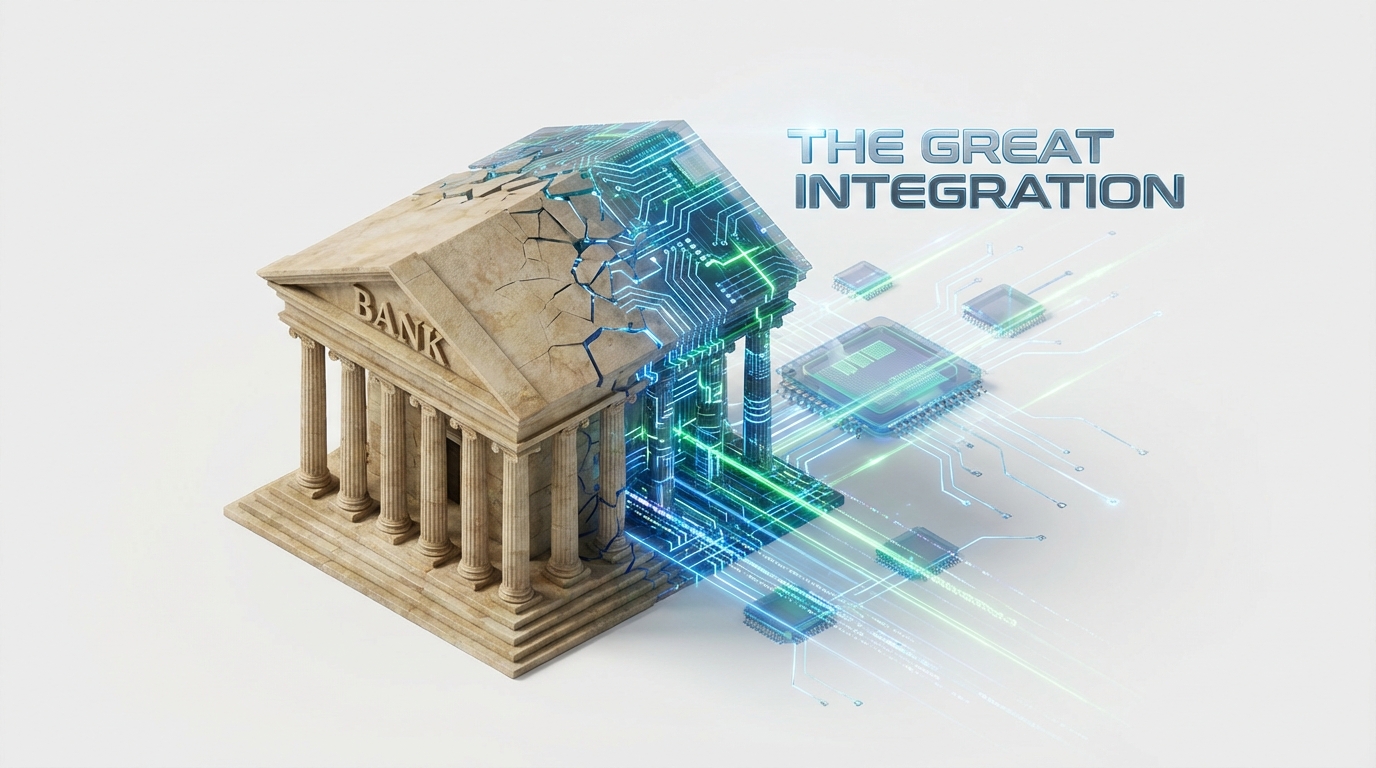 고전적인 은행 건축물 구조와 미래지향적인 디지털 추상 라인이 서로 융합되어 핀테크 통합을 상징하는 개념적 일러스트