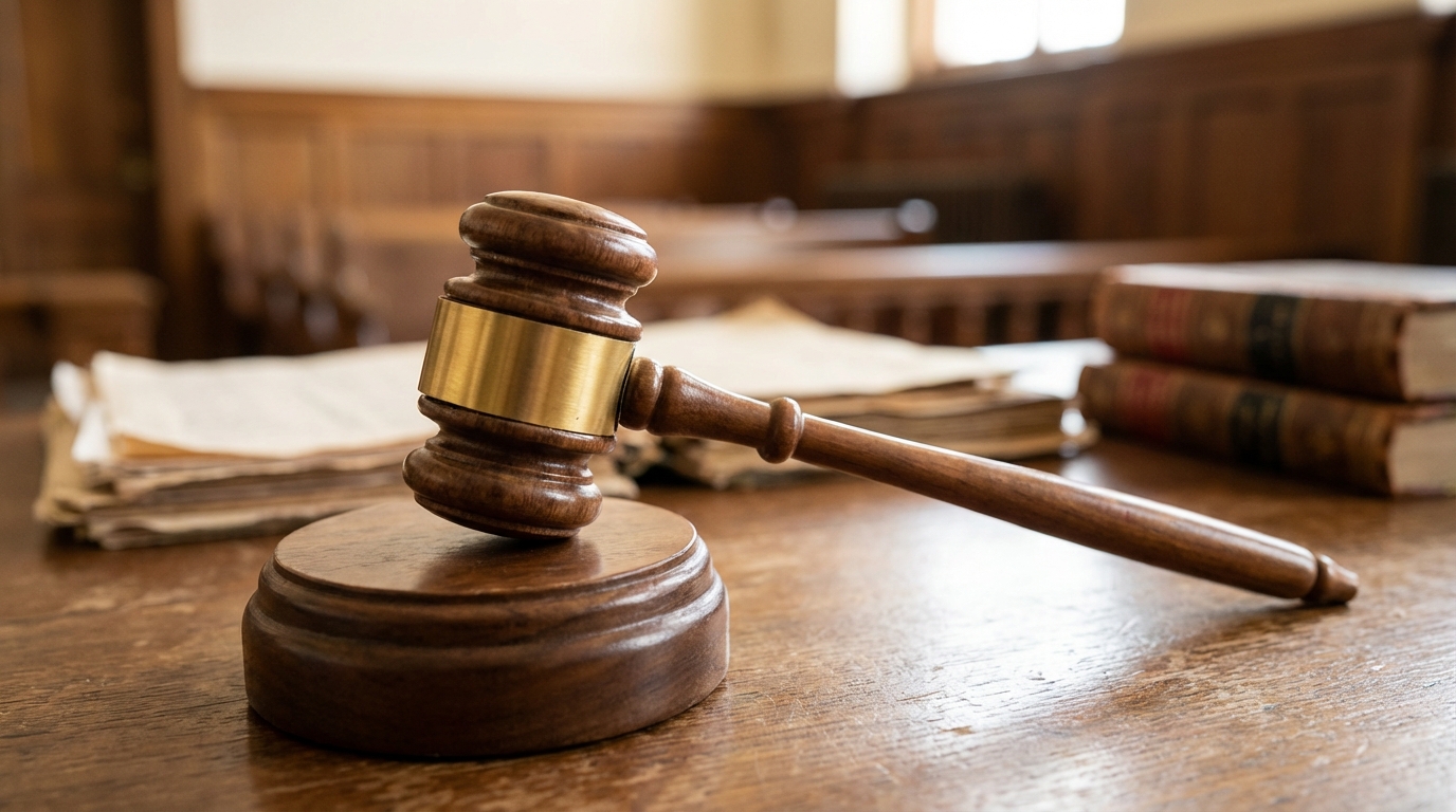 법원 판결봉이 나무 받침대 위에 놓여 있고 배경에는 흐릿한 법원 문서들이 보이는 모습으로 최종 판결을 상징함