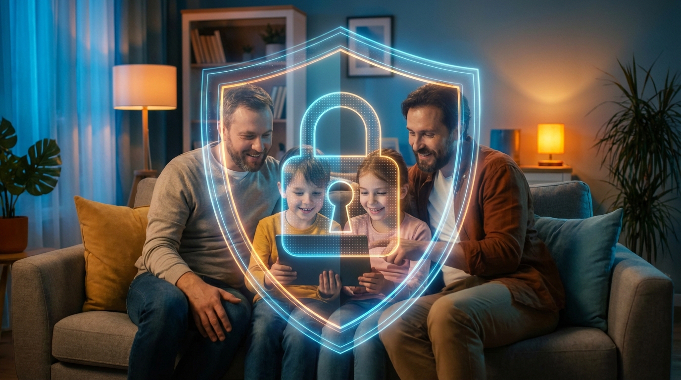 거실 소파에 앉아 태블릿 PC를 함께 보며 안전한 인터넷 사용법을 이야기하는 가족의 모습과 배경에 겹쳐진 빛나는 디지털 보안 자물쇠 이미지