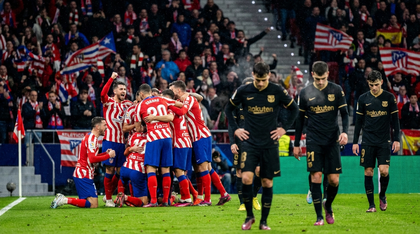 시비타스 메트로폴리타노에서 아틀레티코 마드리드 선수들이 득점 후 환호하고 바르셀로나 선수들이 고개를 숙인 모습