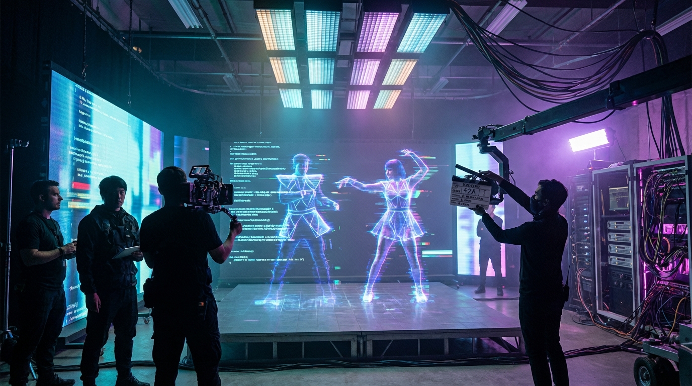 미래적인 영화 촬영장에서 연기하는 AI 홀로그램 배우와 디지털 왜곡 효과