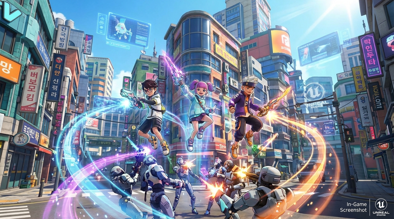 다양한 개성을 가진 도깨비(DokeV) 게임 캐릭터들이 단체로 포즈를 취하고 있는 모습