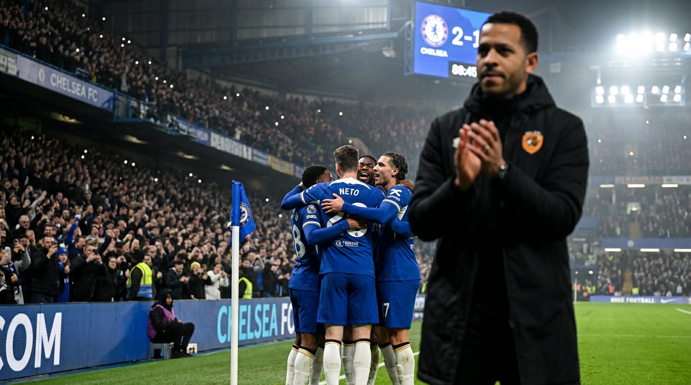 헐 시티와의 FA컵 경기에서 페드로 네투가 득점 후 첼시 동료들과 함께 환호하는 역동적인 모습