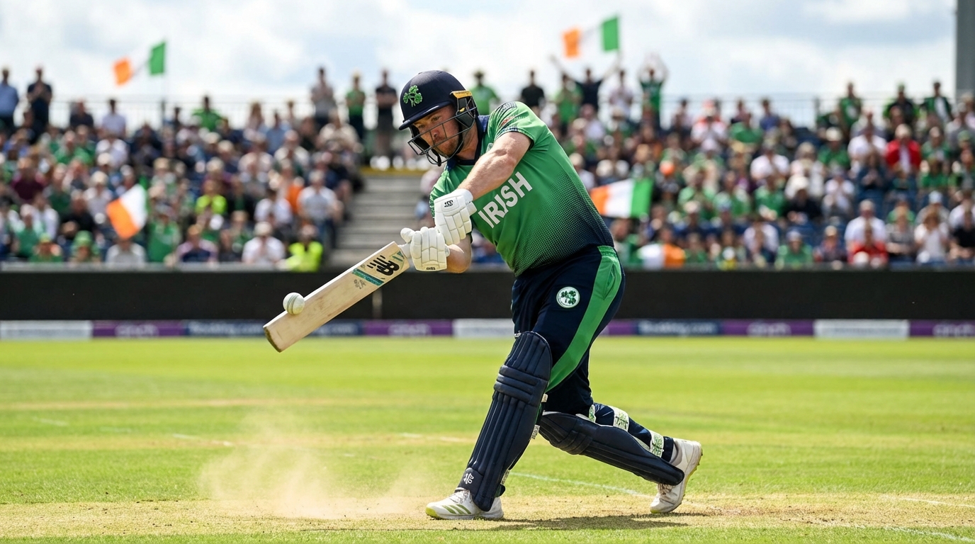 초록색 필드 위에서 아일랜드 크리켓 타자가 강력하게 공을 타격하는 역동적인 경기 장면