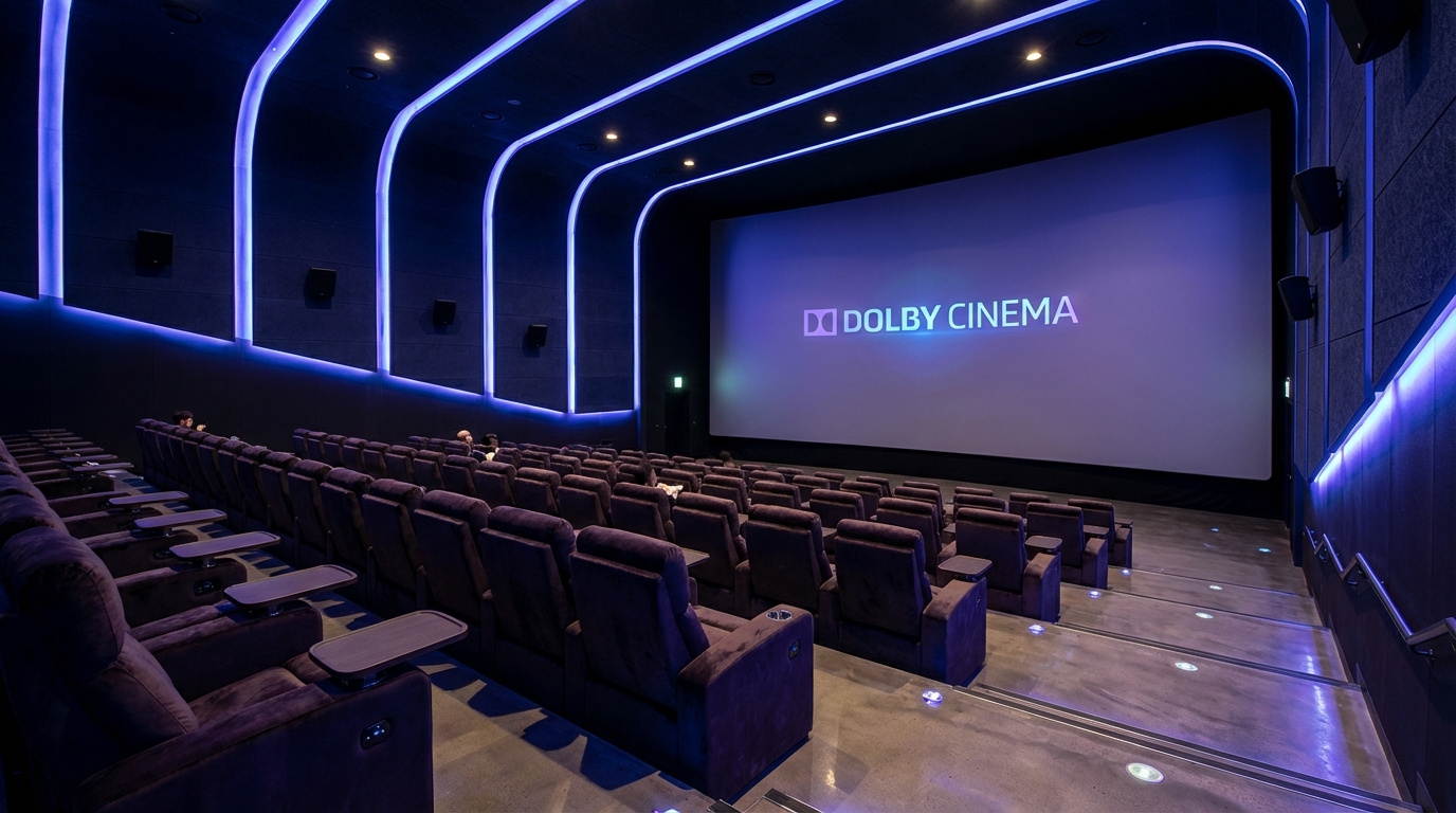 최신 음향 시설과 대형 스크린이 갖춰진 메가박스 돌비 시네마 상영관 내부의 편안한 좌석과 어두운 조명