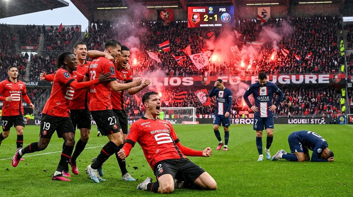 스타드 렌 선수들이 PSG를 상대로 득점 후 환호하고 PSG 선수들은 고개를 숙이고 있는 경기장 모습