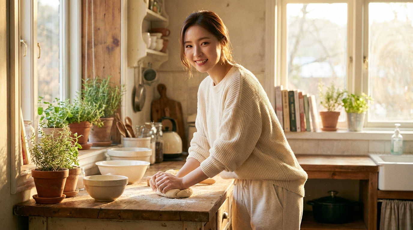 햇살이 비치는 따뜻한 주방에서 편안한 옷차림으로 베이킹을 하며 브이로그를 촬영하는 듯한 배우 신세경의 자연스러운 모습