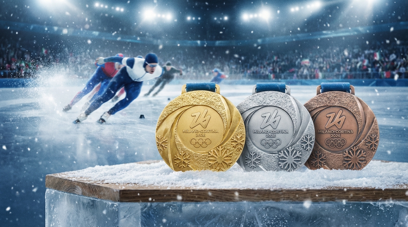 2026 동계올림픽 시상대 위에 놓인 금, 은, 동메달과 배경으로 보이는 빙상 경기장의 모습
