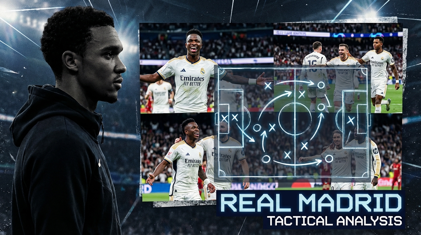 레알 마드리드 선수들의 골 세리머니와 전술 보드, 이적 시장의 아놀드 실루엣이 담긴 콜라주