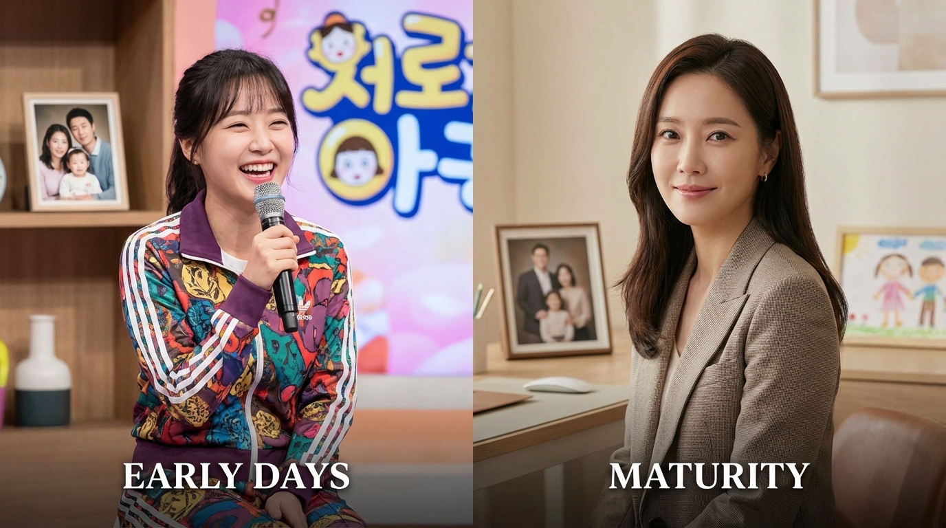 우아한 드레스를 입고 미소 짓는 배우 정시아의 현재 모습과 화목한 가족의 분위기를 담은 이미지