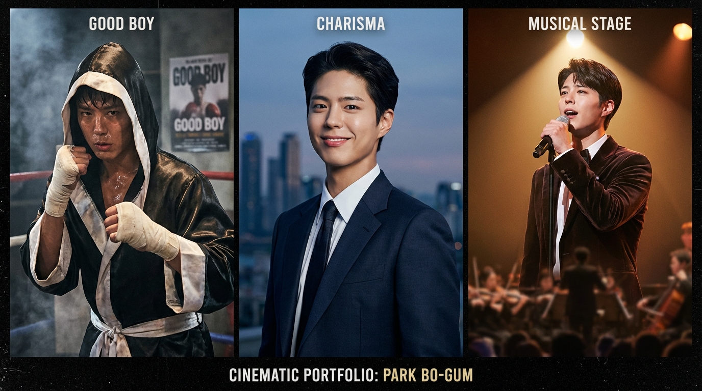 드라마 굿보이의 복싱 선수 역할을 위해 근육질 몸매로 변신한 박보검과 뮤지컬 무대 위에서 연기하는 모습의 콜라주