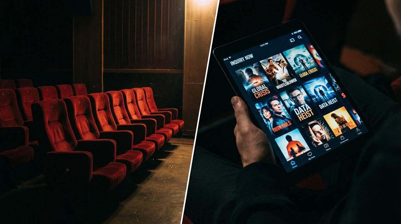 텅 빈 어두운 극장 좌석과 대비되는 밝게 빛나는 OTT 스트리밍 화면이 겹쳐진 이미지
