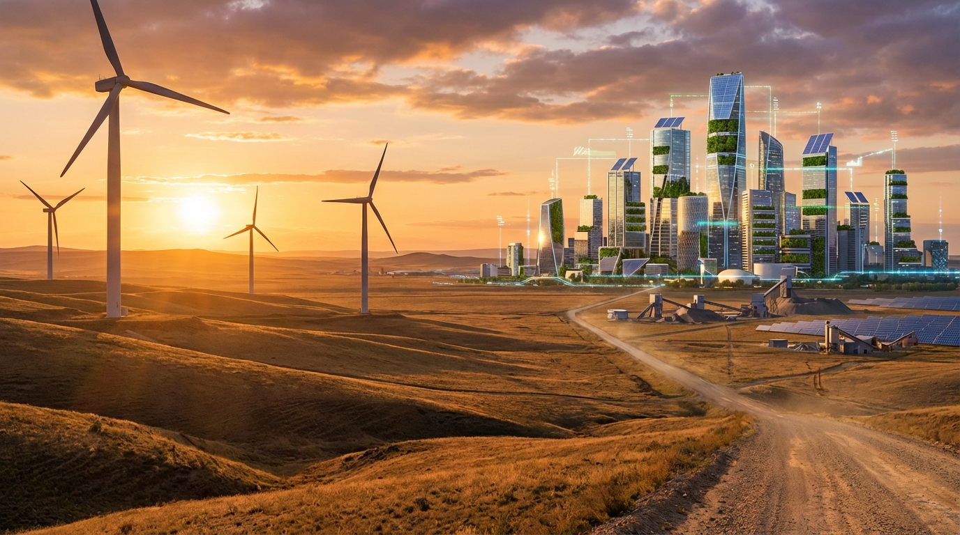 광활한 초원과 현대적인 풍력 발전기, 그리고 미래지향적인 도시 스카이라인이 어우러진 카자흐스탄의 풍경