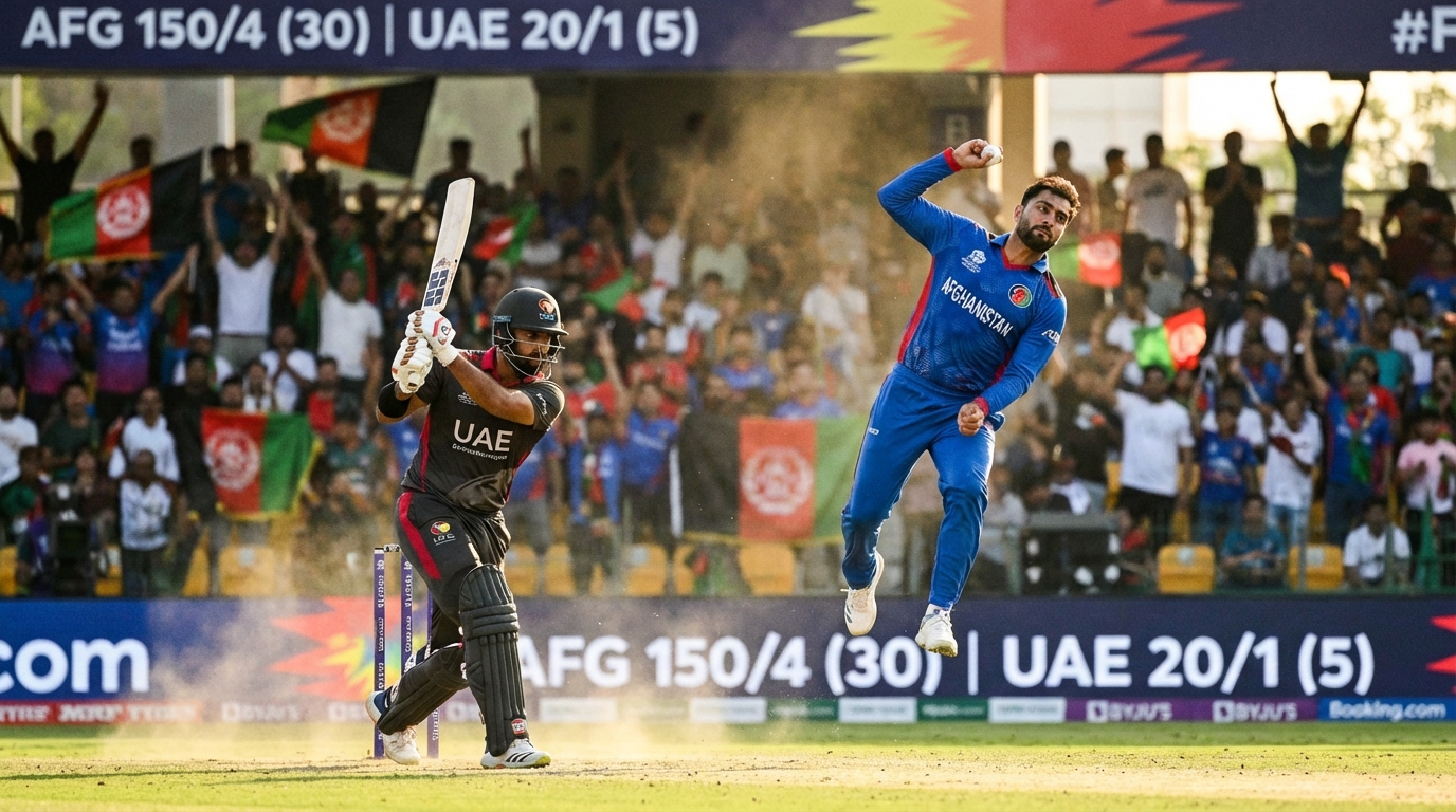 경기장에서 치열하게 경기를 펼치고 있는 UAE와 아프가니스탄 크리켓 선수들의 모습
