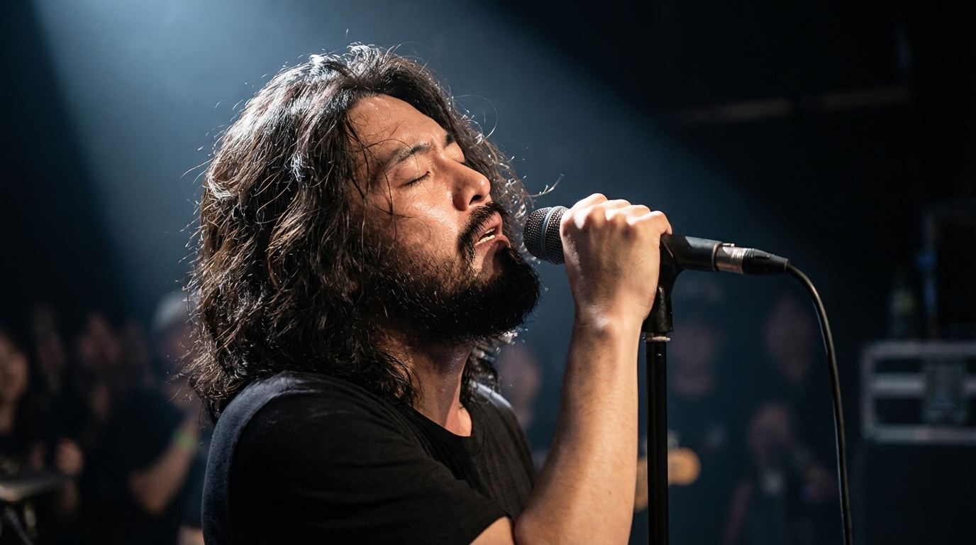 어두운 무대 조명 아래 마이크를 쥐고 감정을 담아 열정적으로 노래를 부르는 가수 임재범의 공연 모습