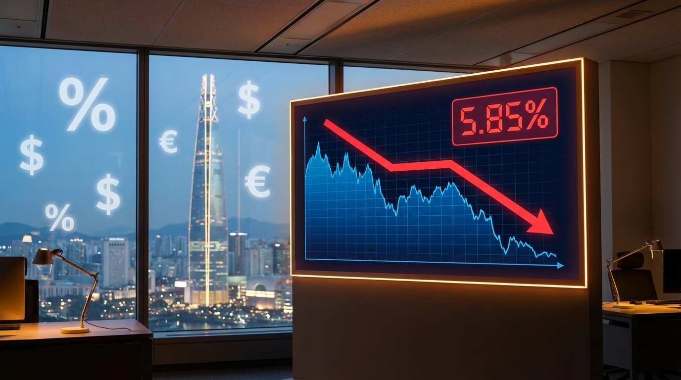 하락하는 금리 그래프와 서울의 현대적인 건축물이 어우러진 금융 차트 이미지