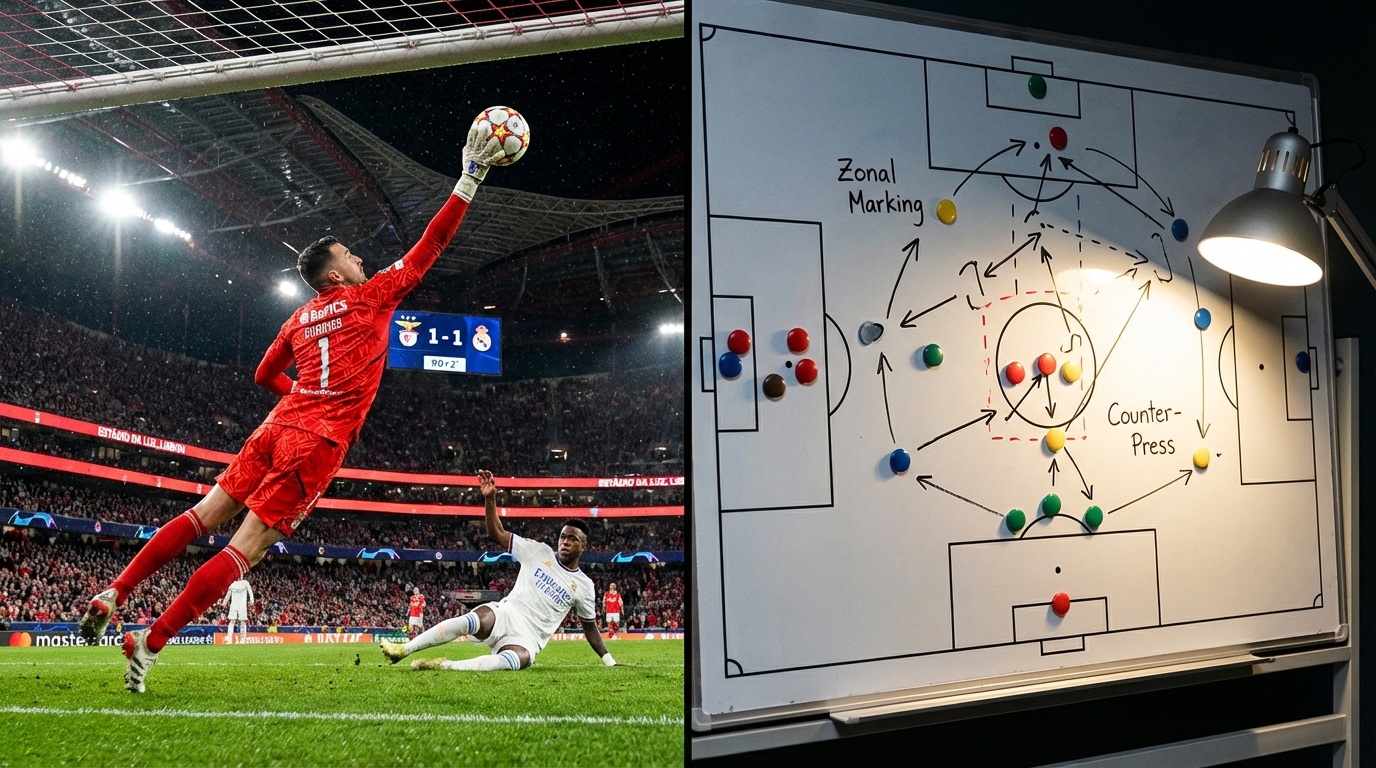 리스본의 축구 경기장에서 벤피카 골키퍼가 레알 마드리드의 공격을 막아내는 장면과 수비 전형이 그려진 전술 보드